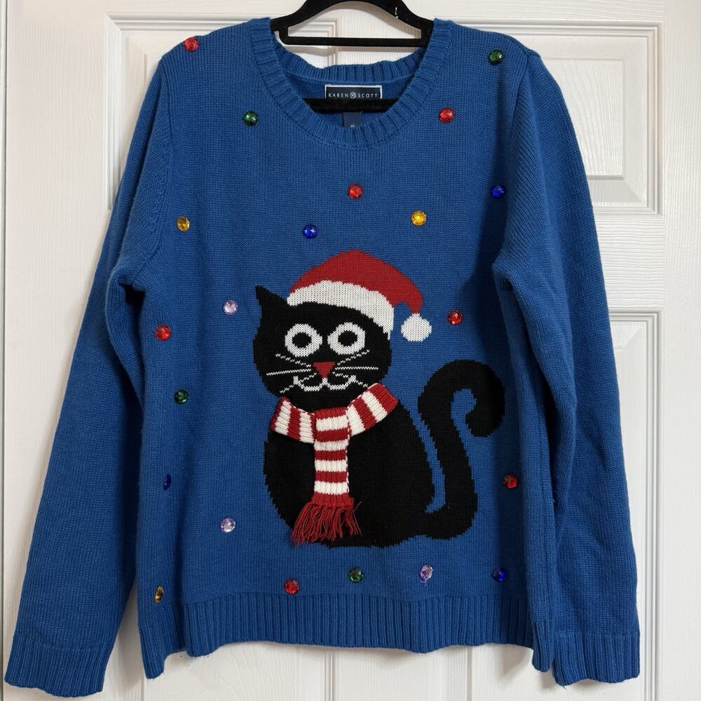 Karen Scott Woman Christmas Cat Sweater Acrylic Blue Rhinestone Santa Hat Sz XL